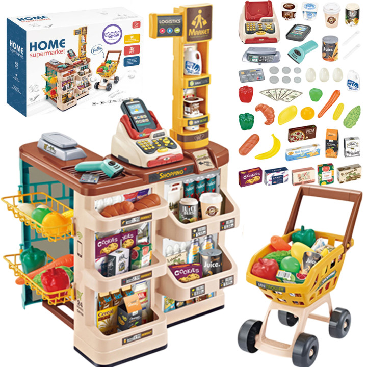 WOOPIE Supermarket Store with Trolley Scale Cash Register Scanner + 48 Accs.