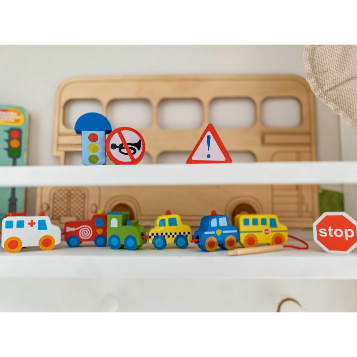 WOOPIE GREEN Wooden Threading Blocks Vehicles Cars 13 pcs.