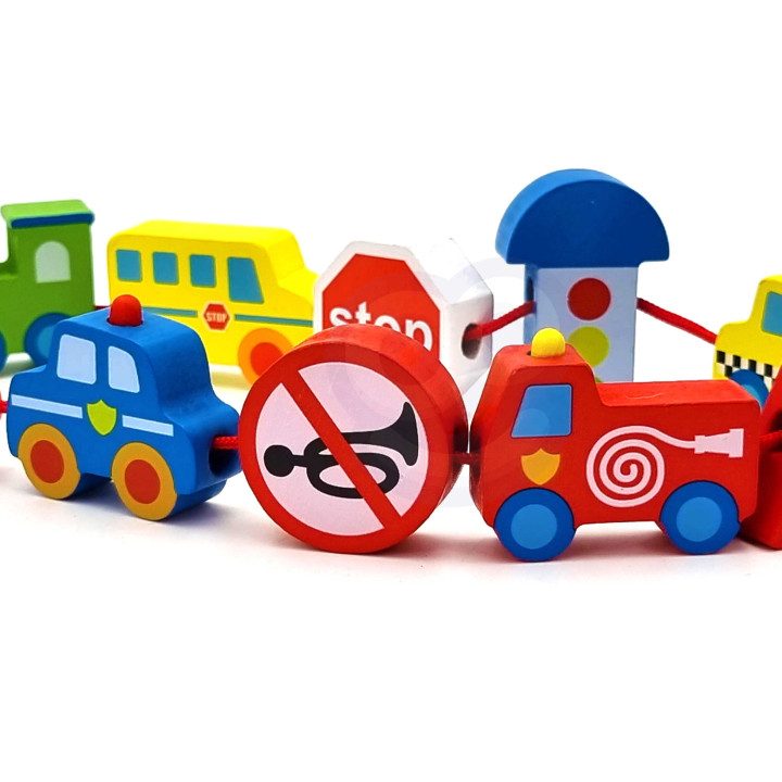 WOOPIE GREEN Wooden Threading Blocks Vehicles Cars 13 pcs.
