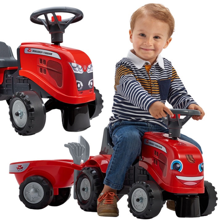 FALK Traktorek Baby Massey Ferguson Czerwony z Przyczepką + akc. Od 12 Miesięcy
