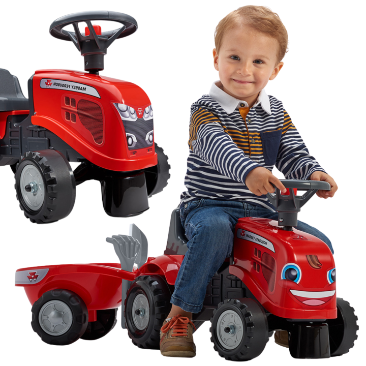 FALK Traktorek Baby Massey Ferguson Czerwony z Przyczepką + akc. Od 12 Miesięcy