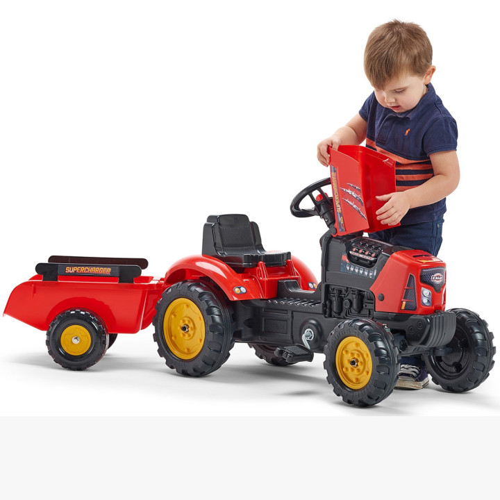 FALK Supercharger Pedal Tractor with Trailer and Opening Hood Red 2-5 Years