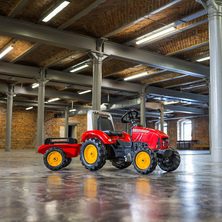 FALK Red Supercharger Pedal Tractor with Trailer, Openable, for ages 3-7