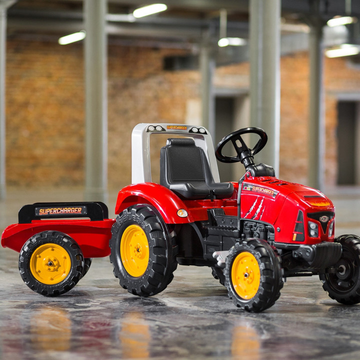 FALK Red Supercharger Pedal Tractor with Trailer, Openable, for ages 3-7