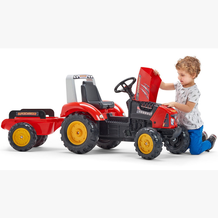 FALK Red Supercharger Pedal Tractor with Trailer, Openable, for ages 3-7