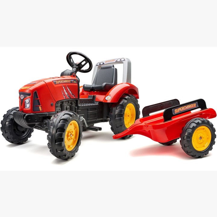 FALK Red Supercharger Pedal Tractor with Trailer, Openable, for ages 3-7