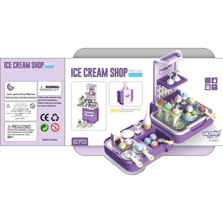 WOOPIE Ice Cream Case 3 in 1 Kitchen Shop Ice Cream Parlor Portable 62 pcs.