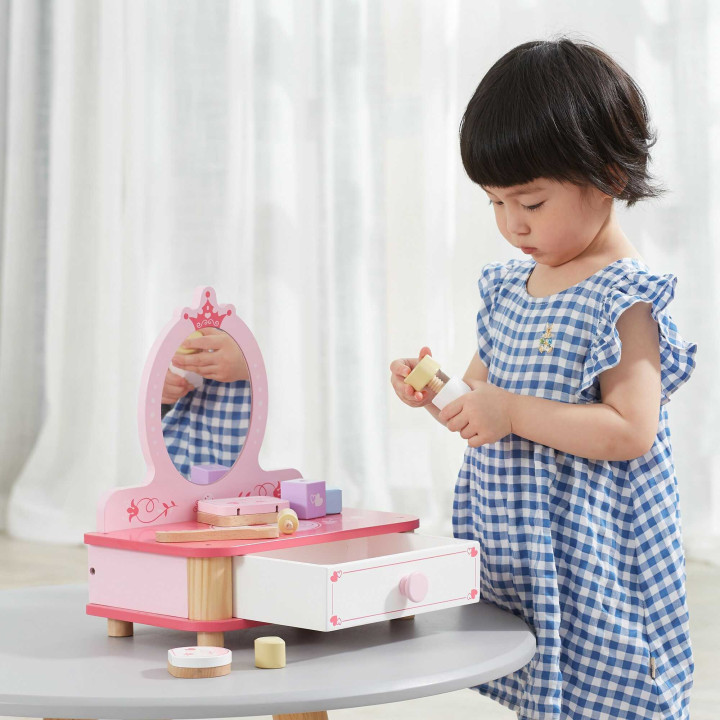 VIGA Wooden Pink Makeup Table with Mirror + Accessories