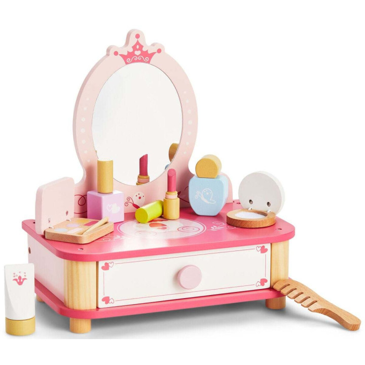 VIGA Wooden Pink Makeup Table with Mirror + Accessories