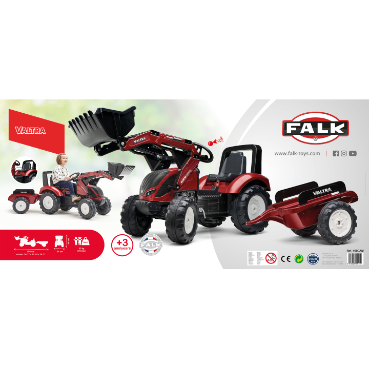 FALK Traktor Valtra Bordowy na Pedały z Przyczepką i Łyżką od 3 Lat