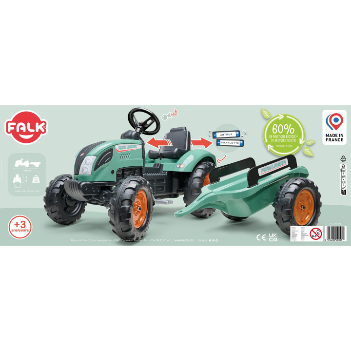 FALK Lander Green Pedal Tractor with Trailer for 3-7 Years