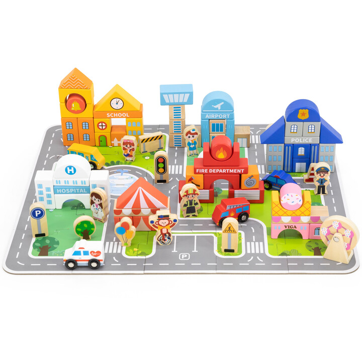 VIGA Wooden Set Building a City Blocks Board Figures