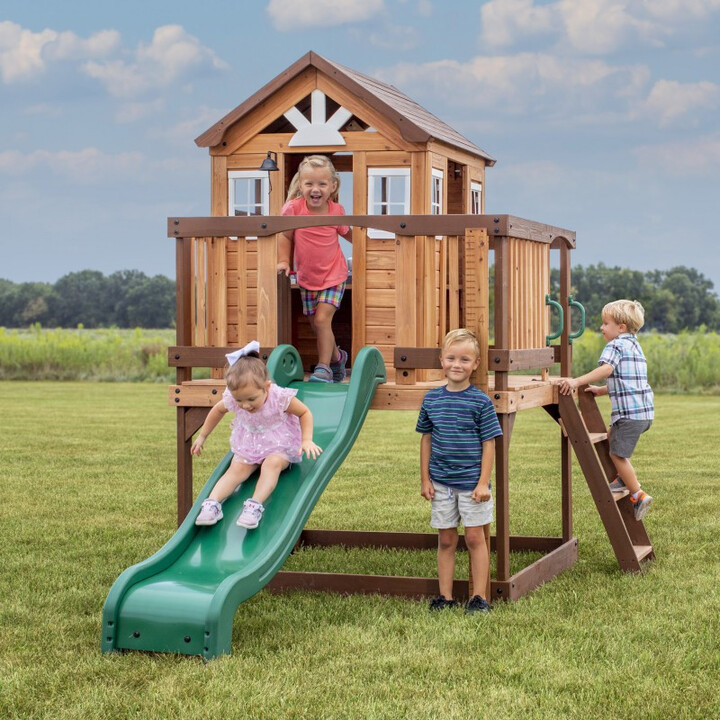 BACKYARD DISCOVERY Echo Heights Wooden Playground Slide House Kitchen
