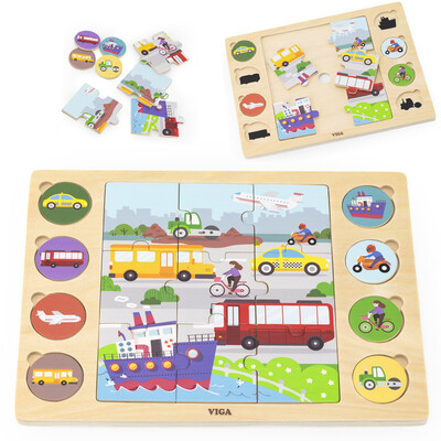 VIGA Wooden Puzzle Guess the Shadow - Means of Transport 17-piece puzzle