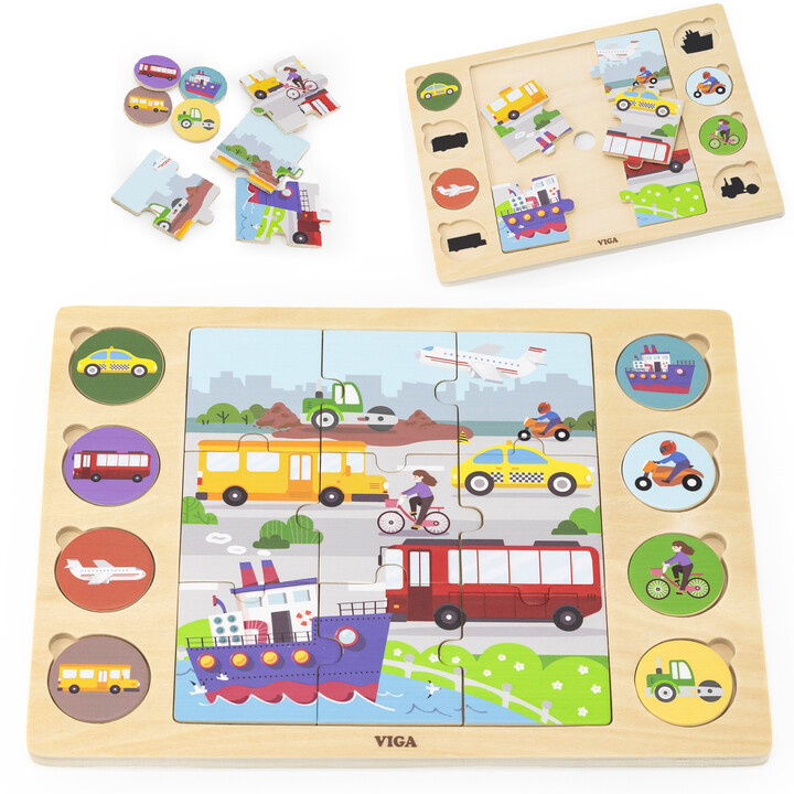 VIGA Wooden Puzzle Guess the Shadow - Means of Transport 17-piece puzzle