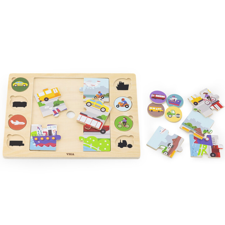 VIGA Wooden Puzzle Guess the Shadow - Means of Transport 17-piece puzzle