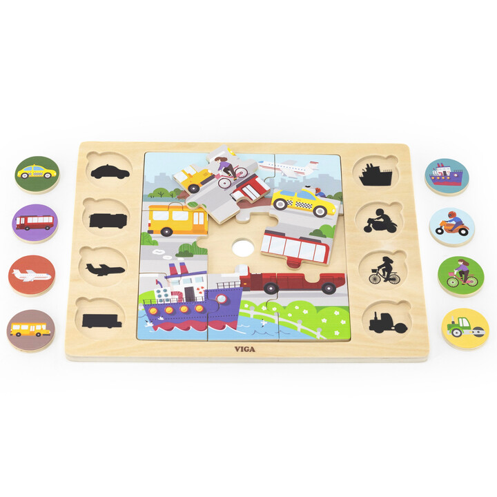 Viga Drewniane Puzzle Odgadnij po Cieniu  - Środki Transportu Układanka 17 el.