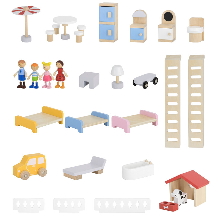 VIGA Wooden Dollhouse Set with Dolls and Accessories