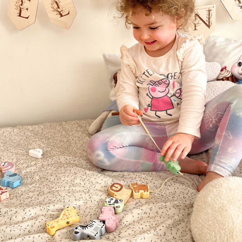 WOOPIE GREEN Drewniana Nawlekanka Klocki Przeplatanka ZOO Montessori 13 el.