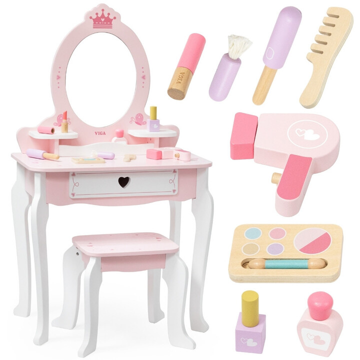 VIGA Large Wooden Dressing Table in White and Pink with Mirror and Chair