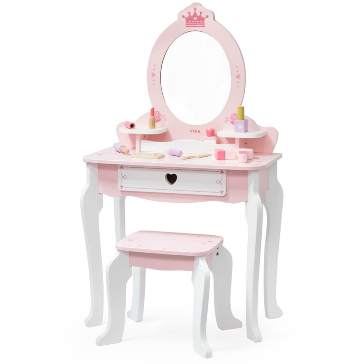 VIGA Large Wooden Dressing Table in White and Pink with Mirror and Chair