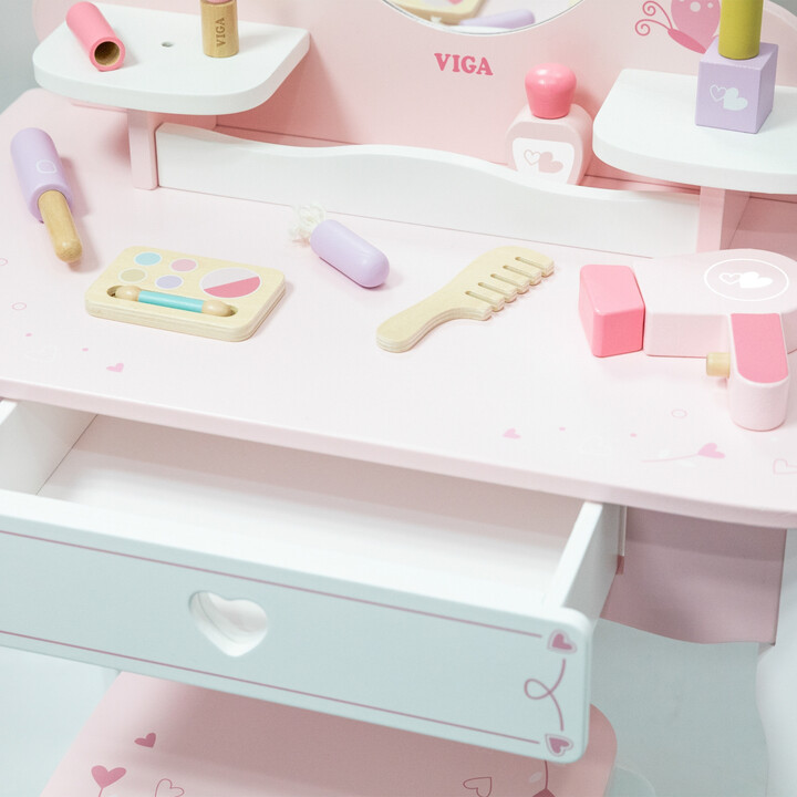 VIGA Large Wooden Dressing Table in White and Pink with Mirror and Chair