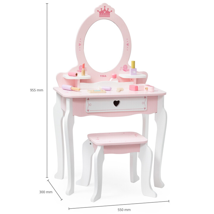 VIGA Large Wooden Dressing Table in White and Pink with Mirror and Chair