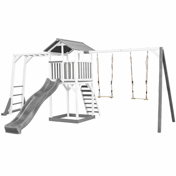 AXI Wooden Playground Tower with Double Swing, Climbing Ladders, and XLL Slide