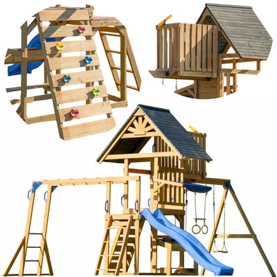 AXI Mitch play tower - Large Wooden Playground Slide Swings Climbing Wall + Tower