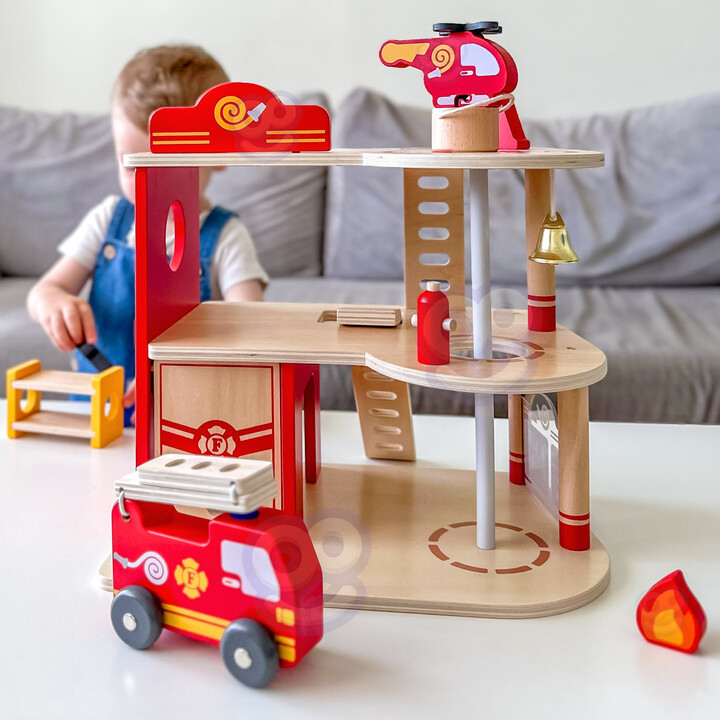 VIGA Wooden Garage Fire Station Set 14 pcs