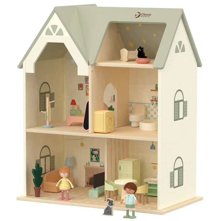 CLASSIC WORLD Wielki Drewniany Domek dla Lalek z mebelkami