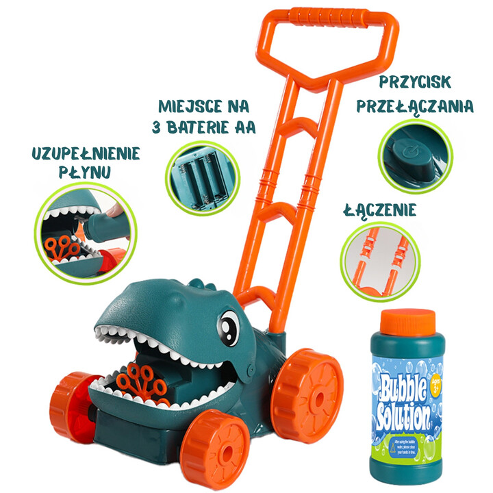 WOOPIE Kosiarka na Bańki Mydlane Dinozaur z Płynem w Zestawie