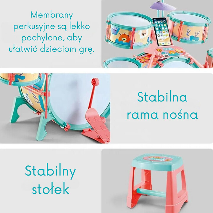 WOOPIE Educational Percussion for Children 5 Drums 1 Cymbal + Animal-Themed Stool