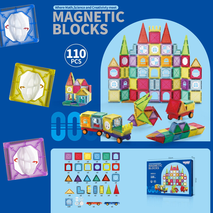 WOOPIE Magnetic Construction Blocks 3D Educational Set Castle Vehicles 110 pcs.
