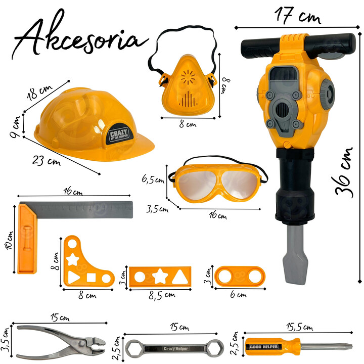 WOOPIE Little Handyman Tool Set Goggles Helmet Pneumatic Hammer 21 pcs.