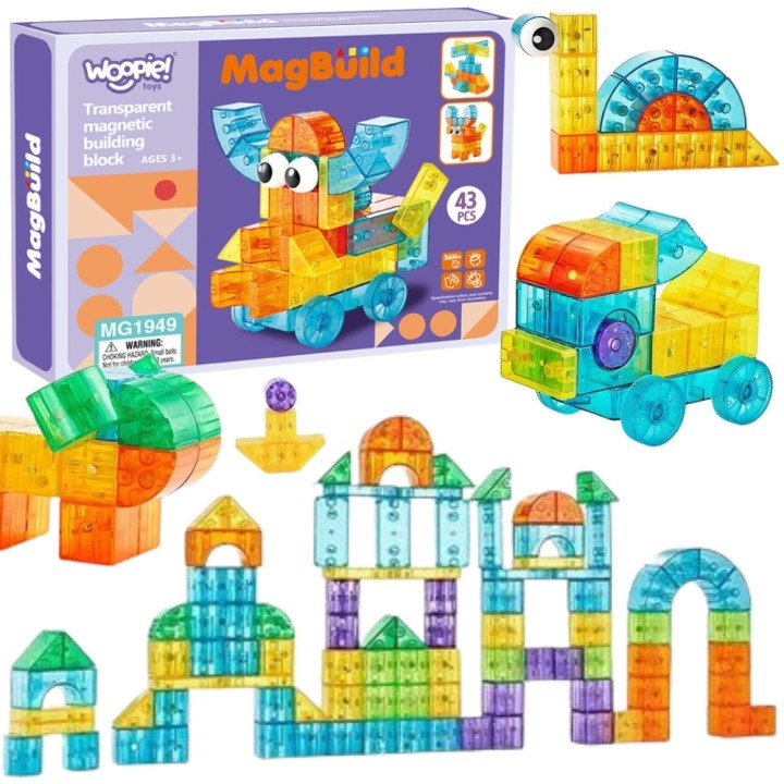 WOOPIE Przezroczyste Magnetyczne Klocki Konstrukcyjne 43 el.