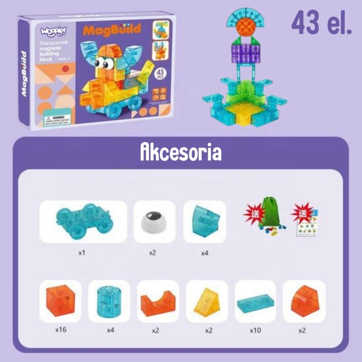 WOOPIE Przezroczyste Magnetyczne Klocki Konstrukcyjne 43 el.