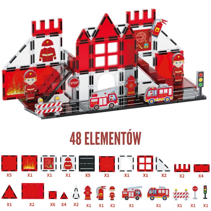 WOOPIE Klocki Magnetyczne 3D Zestaw Straż Pożarna 48el.
