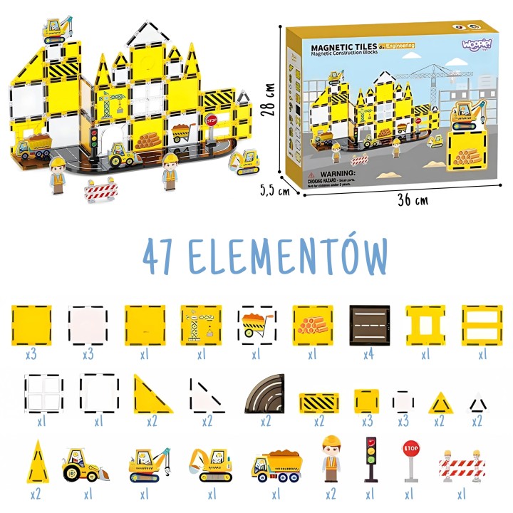 WOOPIE Magnetic Building Blocks 7.5 cm Construction Site STEAM 47 pcs.