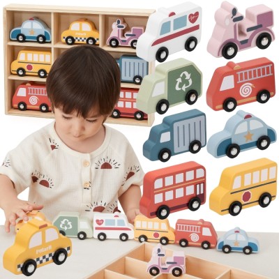 VIGA Wooden Set of Colorful City Vehicles 9 pcs.
