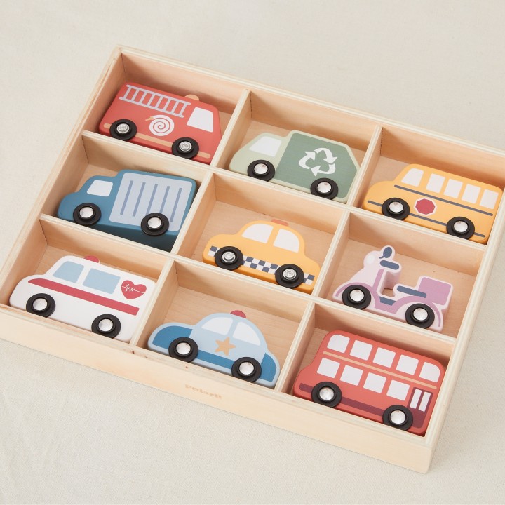 VIGA Wooden Set of Colorful City Vehicles 9 pcs.