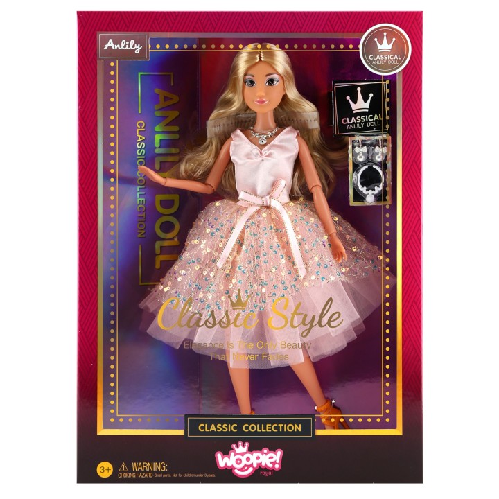 WOOPIE ROYAL Lalka Lily 30 cm Długie Blon Włosy Różowa Suknia Biżuteria