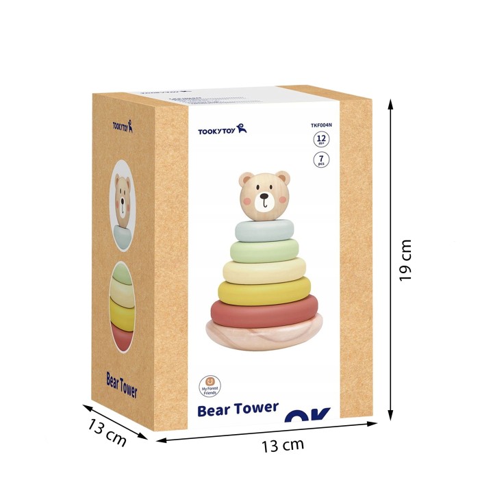 TOOKY TOY Drewniana Układanka Sensoryczna Piramidka Miś Sensoryczny Kolorowy Stacker