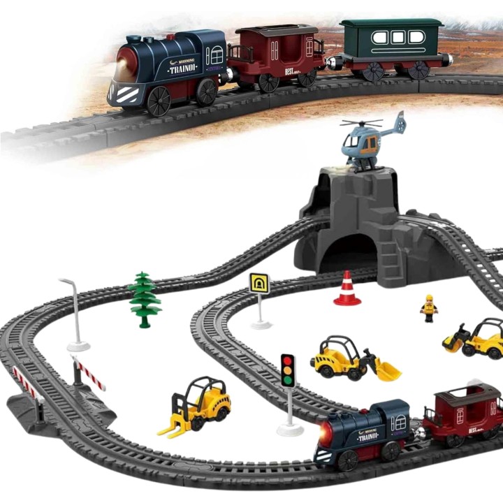 WOOPIE Electric Train Track Retro Train Locomotive + 2 Wagons – 76-piece Set