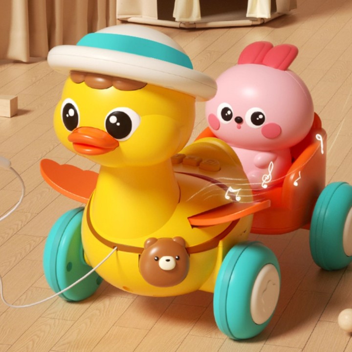 WOOPIE BABY Yellow Duck with Pink Bunny in Pull-Along Trailer