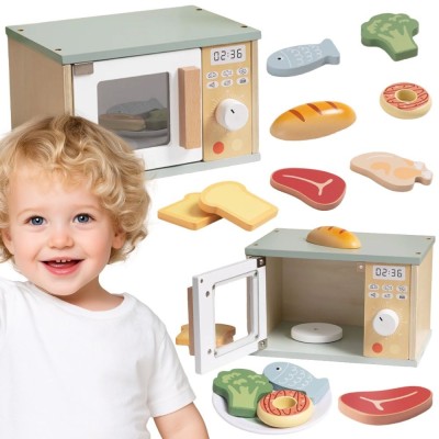 TOOKY TOY Drewniana Kuchenka Mikrofalowa Zestaw Produktów Sporzywczych