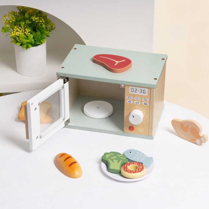 TOOKY TOY Drewniana Kuchenka Mikrofalowa Zestaw Produktów Sporzywczych