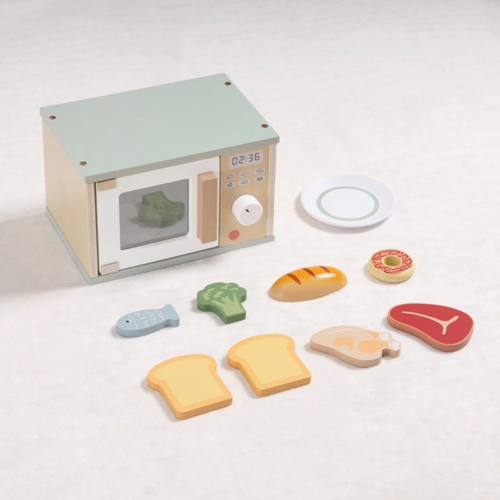 TOOKY TOY Drewniana Kuchenka Mikrofalowa Zestaw Produktów Sporzywczych