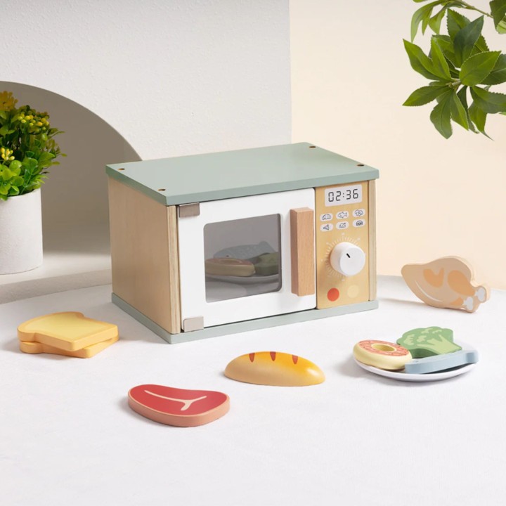 TOOKY TOY Drewniana Kuchenka Mikrofalowa Zestaw Produktów Sporzywczych