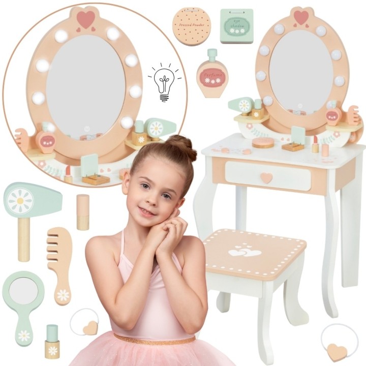 TOOKY TOY Drewniana Toaletka z Krzesełkiem Akcesoria Lustro + Kosmetyki